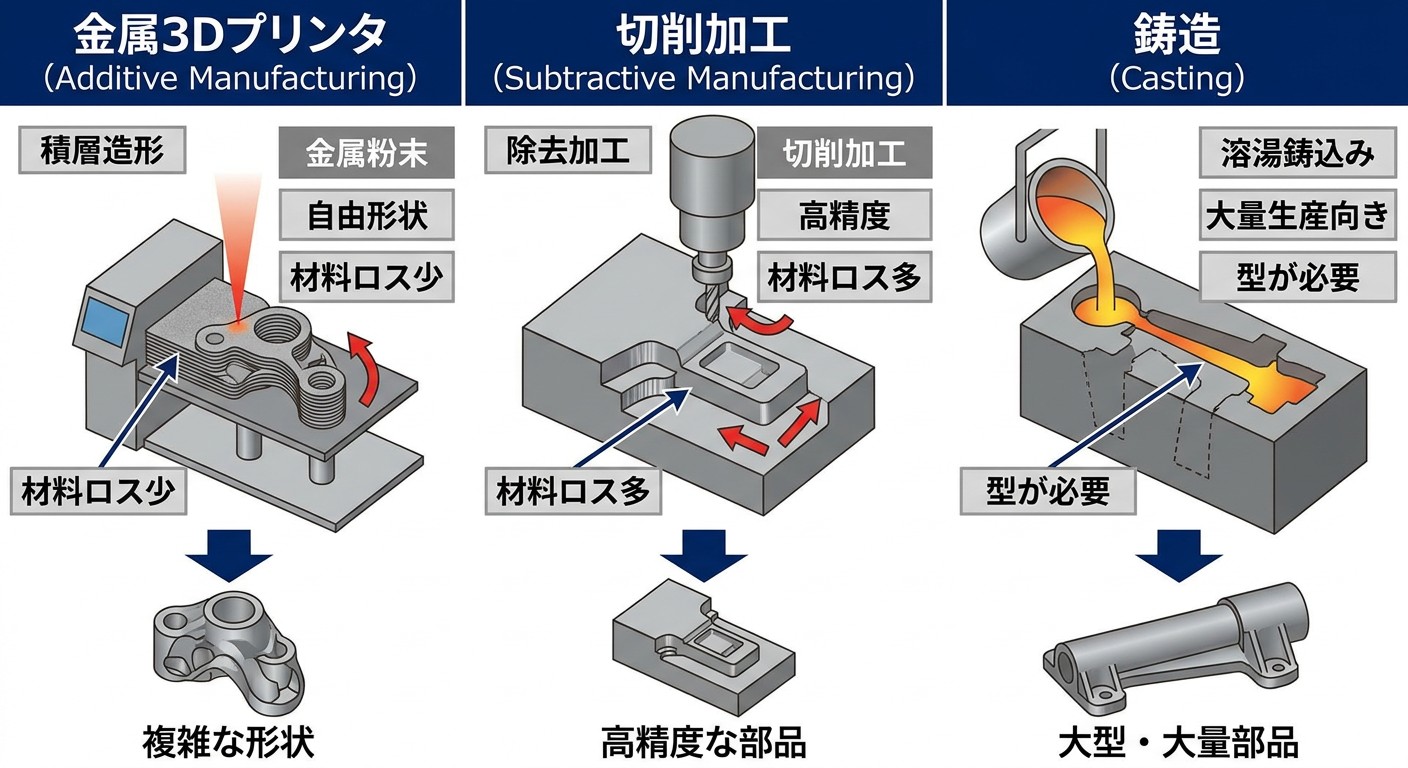 金属3Dプリンタと切削加工、鋳造の違い